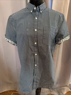 Denim & Flower Navy Geo-Print Short Sleeve Button-Down Shirt